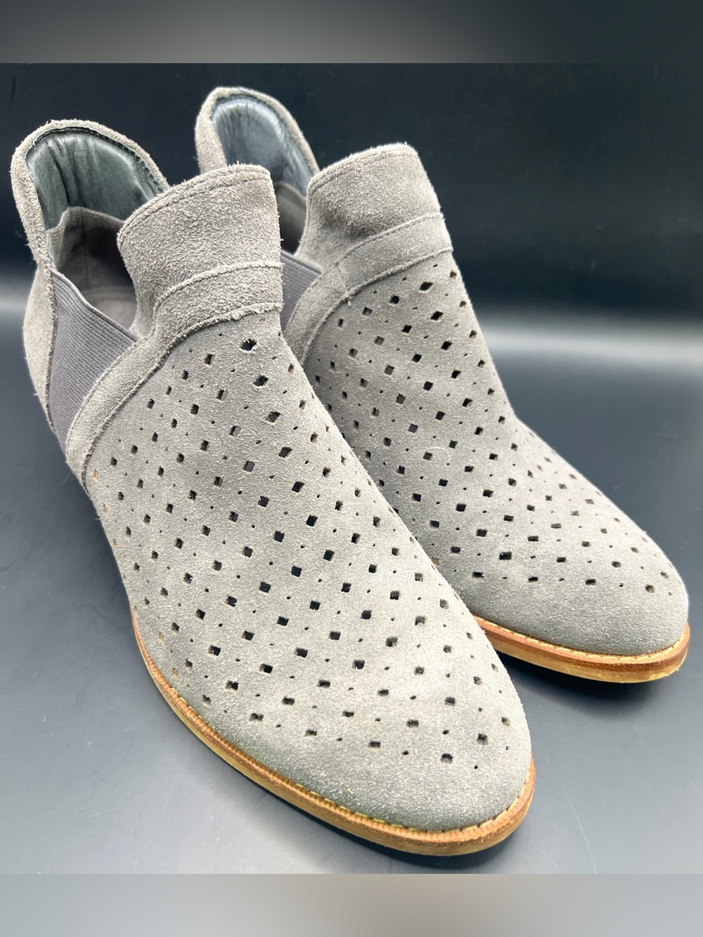 Earthβ Womenβs Grey Perforated Suede Ankle Boots- 9 inches heel to toe